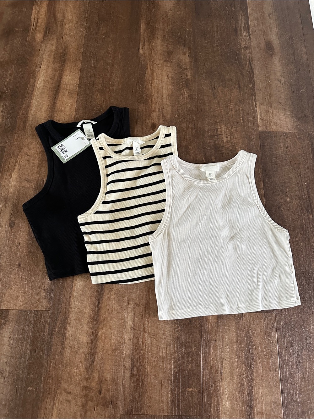 3 cropped tanks from H & M black, white & cream stripe size medium